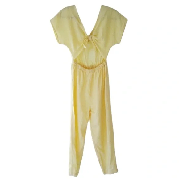 URBAN OUTFITTERS Linen Front Tie / Cut Out Jumpsuit in Soft Yellow Size Small - Picture 3 of 7